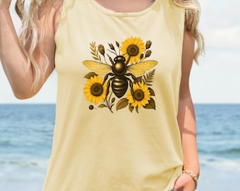 Sunflower Bee Graphic Tank Top: Garment-Dyed Cotton, Nature Lover Gift