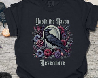 Gothic Raven T-Shirt: Edgar Allan Poe Floral Design
