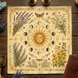 Könnte beinhalten: Ein beiges Tarot-Tuch mit einem Sonnen- und Mondphasen-Design, umgeben von floralen und Insekten-Illustrationen. Das Tuch ist mit Lavendel, gelben Blumen und Schmetterlingen verziert. Ein braunes, ledergebundenes Buch und ein goldener Kelch sind ebenfalls zu sehen.