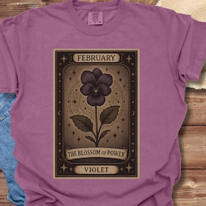 T-shirt tarot fleurs de naissance, t-shirt zodiaque de février, chemise unisexe teinte en pièce, haut de carte de tarot floral, t-shirt graphique botanique