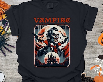 Retro Vampire Castle T-Shirt: Gothic Halloween Horror Design