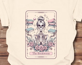 Tarot Bookworm Skeleton Unisex T-shirt, Occult Tee, Vintage Style Shirt, Hipster Top, Literary Clothing