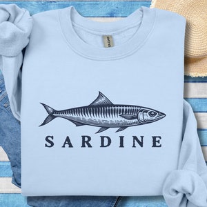 Sardine Graphic Sweatshirt, Fisherman Aesthetic Shirt, Nautical Fishing Crew Gift, Ocean Vintage Tee