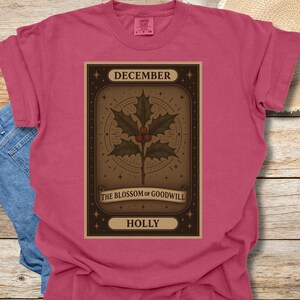 Tarot-T-shirt geboortebloem, sterrenbeeld december tee, uniseks kledingstuk geverfd shirt, bloemen tarotkaart top, botanisch grafisch T-shirt