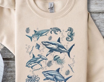 Sudadera vintage de los 90 con estampado de tiburón: Sudadera retro con cuello redondo de depredador marino