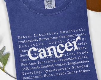 T-Shirt mit Krebs-Sternzeichen-Eigenschaften | Astrologie-Grafik-T-Shirt | Geburtstagsgeschenk für Krebs-Geborene