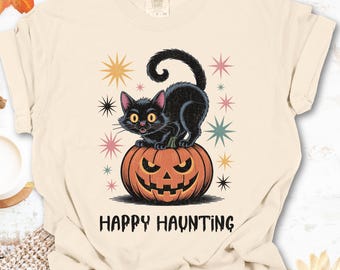 Halloween Cat T-Shirt: Unisex Garment-Dyed Tee for Spooky Season