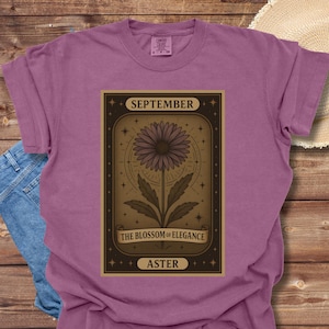 T-shirt tarot fleurs de naissance, t-shirt zodiaque de septembre, chemise unisexe teinte en pièce, haut de carte de tarot floral, t-shirt graphique botanique