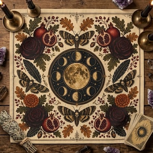 Pode incluir: Um pano de altar quadrado com um ciclo de fases lunares central, rodeado por quatro traças com marcas de caveira, romãs, rosas escuras, folhas de carvalho e penas. O design é impresso em tons terra sobre um tecido de cor creme.