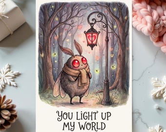 Mothman Valentine Card, Whimsical Forest Lamppost Illustration, Love Greeting Card