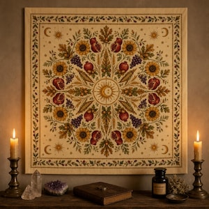 May include: A square fabric wall hanging featuring a symmetrical botanical mandala design with sunflowers, pomegranates, grapes, and wheat stalks. The cream-colored textile displays a central sun and moon motif surrounded by intricate autumn foliage.