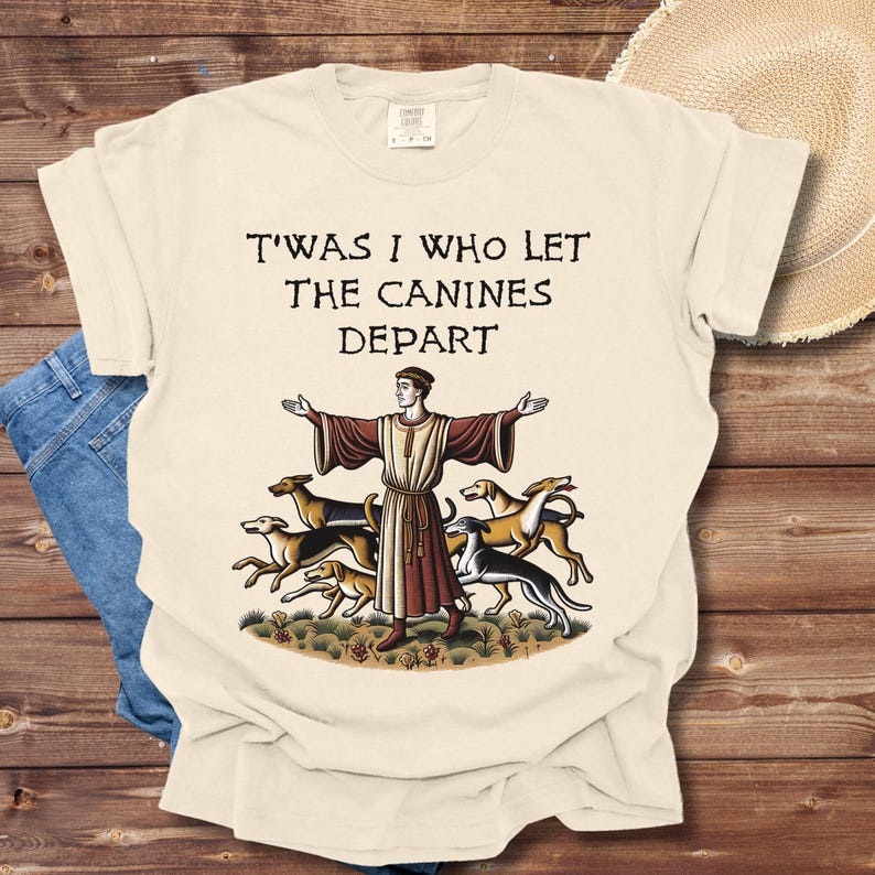 Medieval T-Shirt: Bayeux Tapestry, 'T'was I Who Let The Canines Depart' image 5