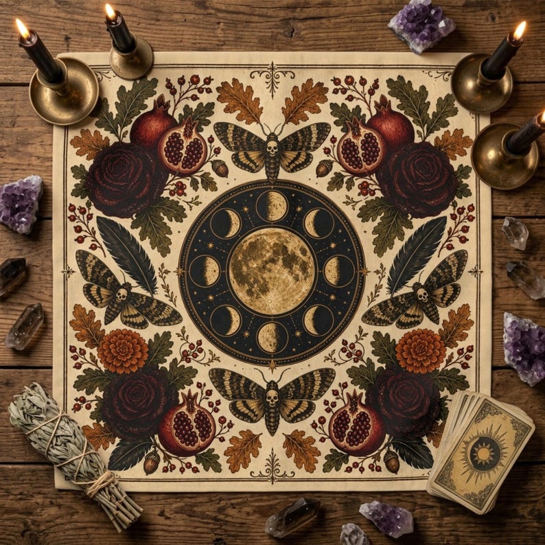 May include: A square altar cloth featuring a central moon phase cycle, surrounded by four moths with skull markings, pomegranates, dark roses, oak leaves, and feathers. The design is printed in earthy tones on a cream-colored fabric background.