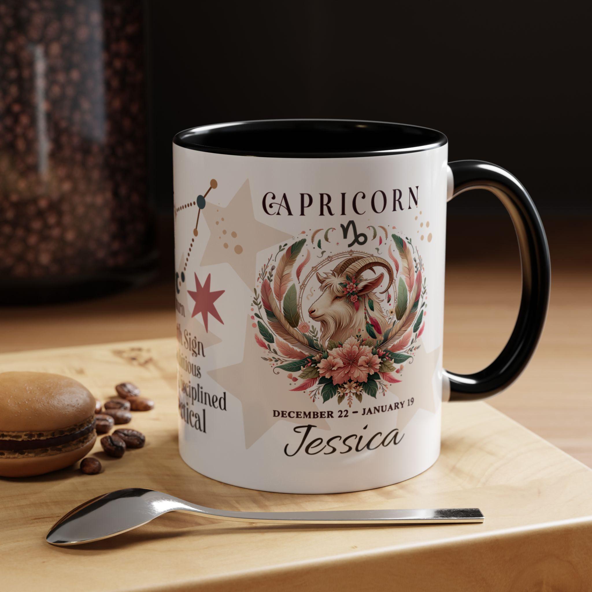 Personalized Capricorn Zodiac Mug - 360  Boho Style Goat Design with Constellation & Traits
