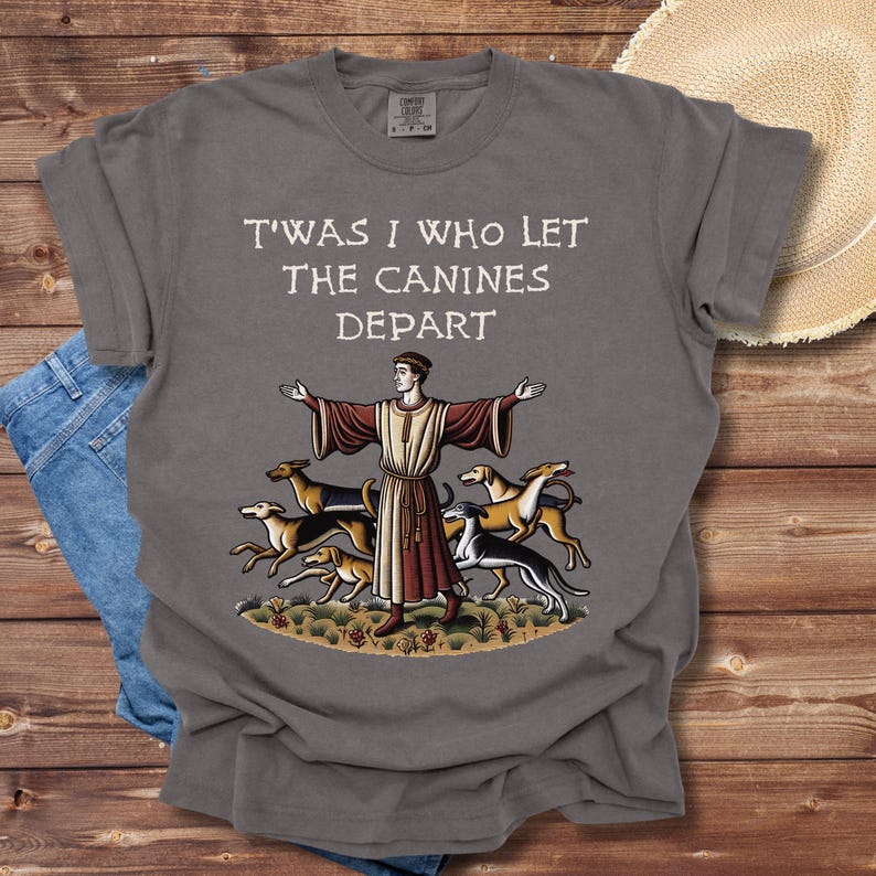 Medieval T-Shirt: Bayeux Tapestry, 'T'was I Who Let The Canines Depart' image 7