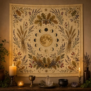 May include: A square wall tapestry featuring a central full moon surrounded by a lunar cycle, framed by botanical illustrations of oak leaves, acorns, wheat stalks, lavender, and rose hips in muted earth tones on a cream-coloured fabric background.