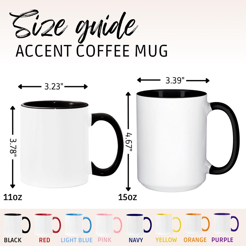 Op de afbeelding: Maattabel voor accent koffiemokken. De afbeelding toont twee witte mokken met zwarte handvatten en interieurs. De kleinere mok is 9,6 cm hoog, 8,2 cm breed en bevat 325 ml. De grotere mok is 11,9 cm hoog, 8,6 cm breed en bevat 444 ml. Kleuropties worden getoond.
