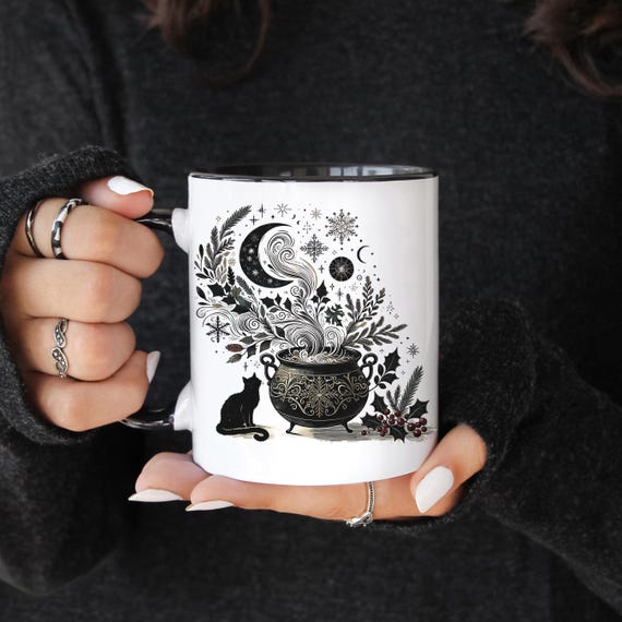 Mystical Black Accent Coffee Mug: Witchy Cat Lover Gift