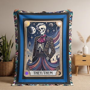 Nonbinary Skeleton Tarot Card Velveteen Blanket, They/Them Design