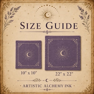May include: A size guide for square fabric cloths featuring two purple items with gold celestial moon and star prints. The smaller cloth is labeled 10 inches by 10 inches, and the larger cloth is labeled 22 inches by 22 inches. The text reads SIZE GUIDE.