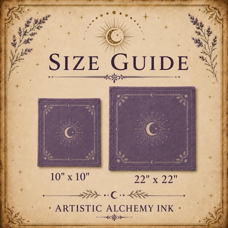 May include: A size guide for square fabric cloths featuring two purple items with gold celestial moon and star prints. The smaller cloth is labeled 10 inches by 10 inches, and the larger cloth is labeled 22 inches by 22 inches. The text reads SIZE GUIDE.