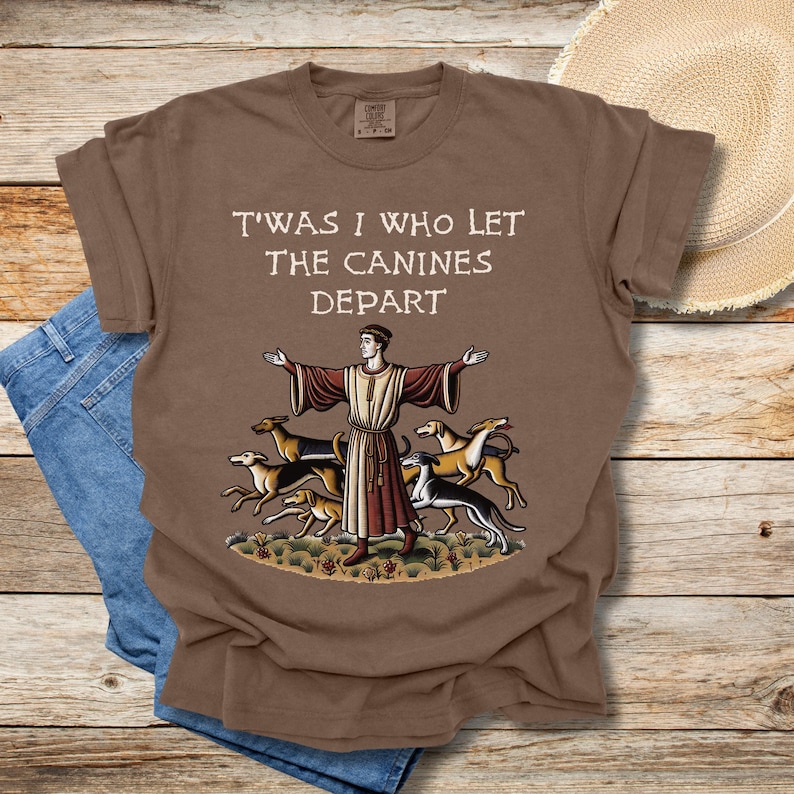 Medieval T-Shirt: Bayeux Tapestry, 'T'was I Who Let The Canines Depart' image 1