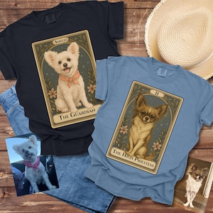 Personalisiertes Haustier Tarot Karte T-Shirt, Benutzerdefinierte Hund Katze Tierliebhaber Tee, Haustier Besitzer Geschenk, Unisex Grafik Top Tiergeist Magie Shirt