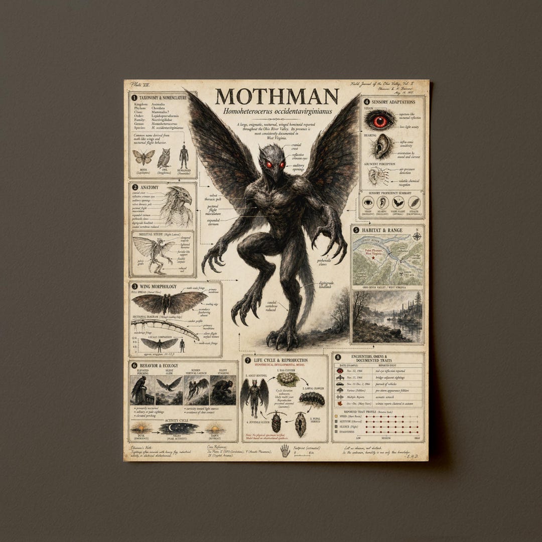 Mothman Field Guide Poster, Cryptid Science Infographic Print, West ...