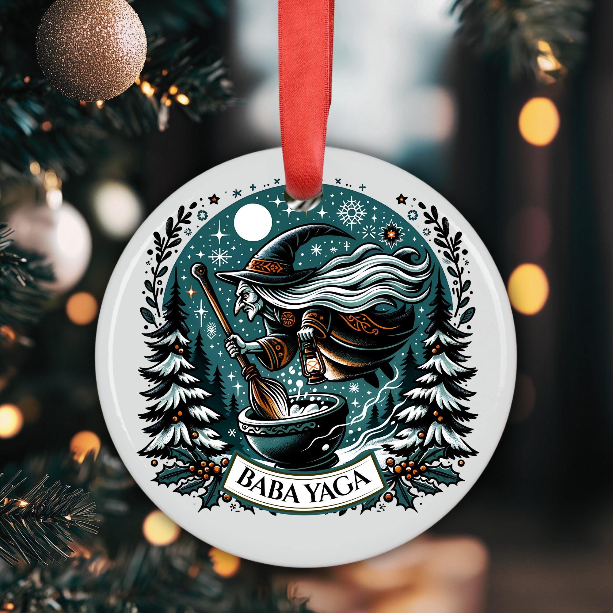 ババ・ヤガのアクリル製クリスマスオーナメント：魔法のホリデー