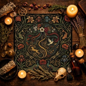 May include: An intricately designed altar cloth with floral and animal patterns, including a rabbit, fish, and birds, surrounded by candles, herbs, crystals, and a skull. The design features a central tree-like structure with colourful accents.