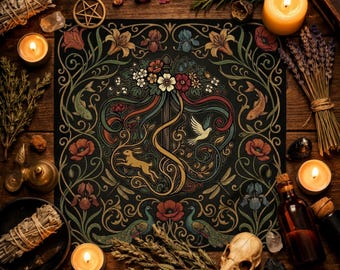 Medieval Botanical Altar Cloth, Woodland Animal Folk Art Ritual Fabric, Mystical Garden Pagan Decor