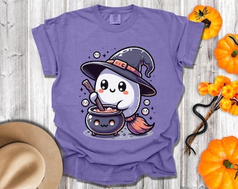 Camiseta de bruja fantasma con diseño de caldero de Halloween