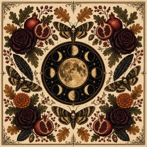 May include: A square decorative print featuring a central moon phase cycle surrounded by four moths with skull markings. The design includes dark red pomegranates, deep purple roses, orange flowers, oak leaves, acorns, and black feathers.