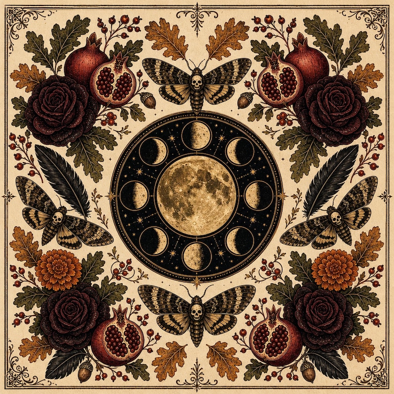 May include: A square decorative print featuring a central moon phase cycle surrounded by four moths with skull markings. The design includes dark red pomegranates, deep purple roses, orange flowers, oak leaves, acorns, and black feathers.