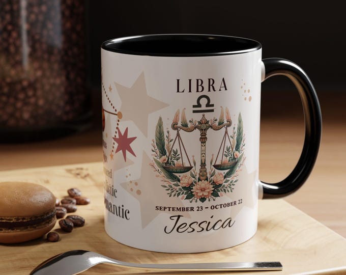 Personalized Libra Zodiac Mug - 360 Boho Style Scales Design with Constellation & Traits