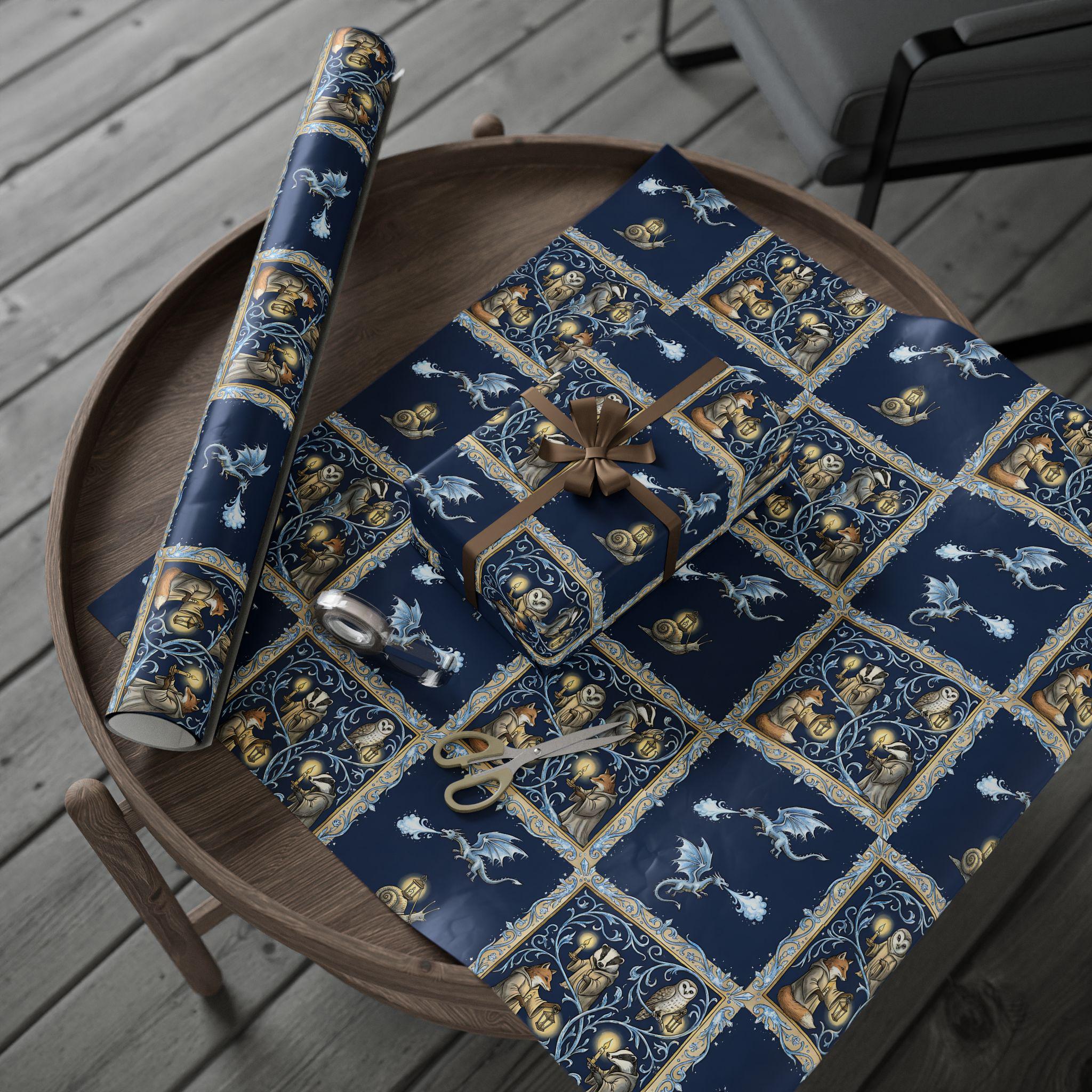 Medieval Winter Wrapping Paper, Dragons, Owls & Snowy Vines, Vintage Yule Gift Wrap