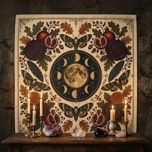 May include: A square fabric wall hanging featuring a central moon phase cycle surrounded by four moths with skull markings, pomegranates, dark roses, and oak leaves. The design is printed in shades of cream, dark brown, red, and gold.