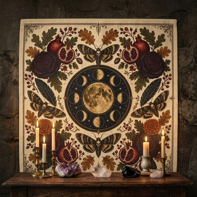 May include: A square fabric wall hanging featuring a central moon phase cycle surrounded by four moths with skull markings, pomegranates, dark roses, and oak leaves. The design is printed in shades of cream, dark brown, red, and gold.