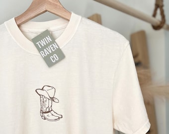 Embroidered Western Cowboy Cowgirl boots and hat T-Shirt | Stampede | Rodeo | Country | Alberta Calgary Stampede | Nashville Texas Outfit
