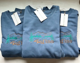 Tofino, British Columbia Embroidered Vintage Wash Crewneck | Custom Embroidery Sweater | Ocean Seaside Vibes Crew