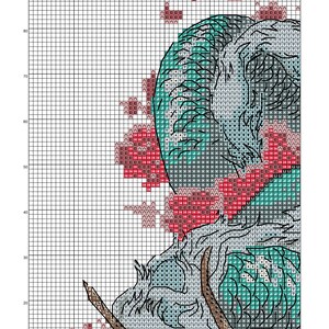 May include: Cross-stitch pattern depicting a dragon. The design features a dragon's head and body, using teal, grey, and red colours. The text "Spring dragon" is visible at the top of the pattern. The image is on a grid.