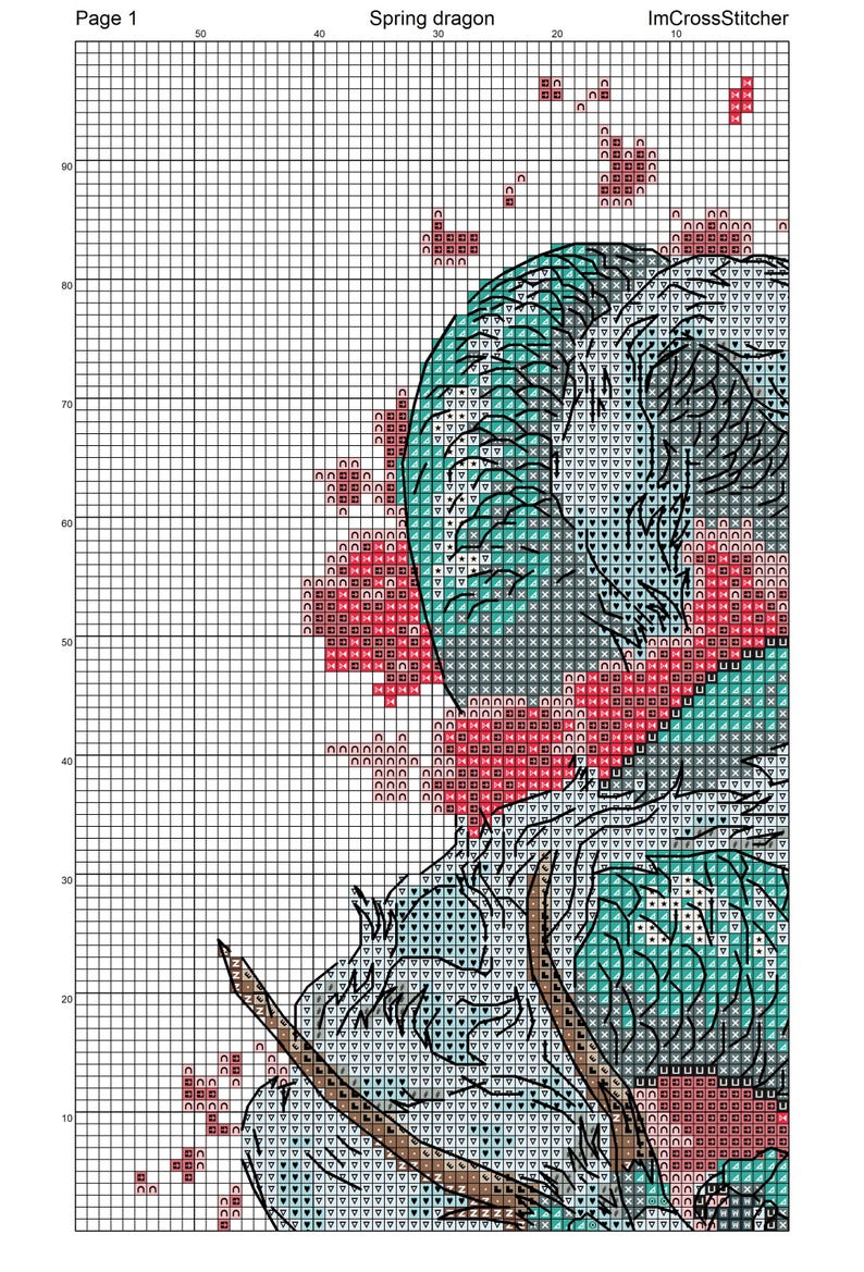 May include: Cross-stitch pattern depicting a dragon. The design features a dragon's head and body, using teal, grey, and red colours. The text "Spring dragon" is visible at the top of the pattern. The image is on a grid.