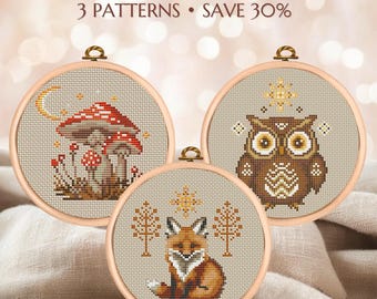Autumn Cottagecore Bundle 3 Patterns– Fox, Owl & Mushroom Cross Stitch Set PDF