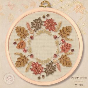 Autumn Leaves Wreath Cross Stitch PDF – Rustic Fall Border Embroidery Pattern