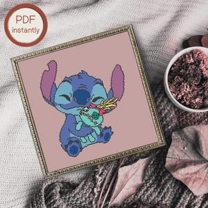 Stickmuster PDF Format Ohana bedeutet Familie Moderne Stickmuster pdf Blauer Alien Stich Cartoonstich Pixelkunst Last Minute Geschenk Trendy Stickdatei Lilo