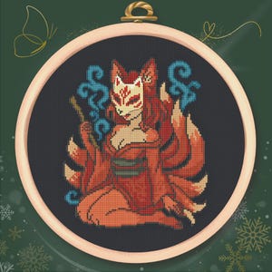 Kitsune Spirit Cross Stitch Pattern PDF – Japanese Mythology Embroidery – Nine Tails Yokai Design