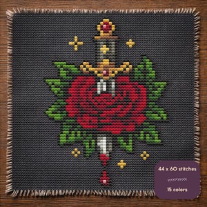 Tiny Gothic Dagger with Rose Cross Stitch Pattern PDF - Dark Tattoo Style - Knife Embroidery