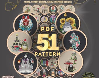 May include: A collection of 51 cross-stitch patterns featuring anime and Ghibli-inspired designs. The image includes various circular embroidery hoops with colorful designs, including characters and quotes. Text on the image reads "Big Anime Spirits Quote Bundle" and "51 Patterns - Save 85%."
