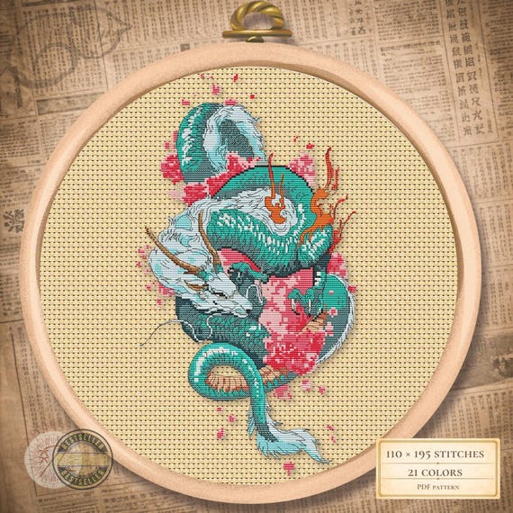 Japanese Dragon Cross Stitch Pattern PDF – Detailed Oriental Design – Mythical Creature Embroidery – Digital Download