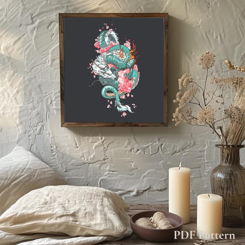 May include: A framed print showcasing a teal and white dragon design entwined with pink cherry blossoms, set against a dark grey backdrop. The dragon has orange highlights. The text "PDF Pattern" is visible at the bottom of the image.